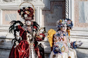 The parade of people in costume at the 2026 Venice Carnival in front of the Church of San Zaccaria.