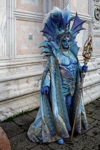 The parade of people in costume at the 2026 Venice Carnival in front of the Church of San Zaccaria.