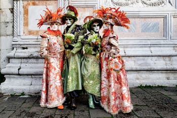The parade of people in costume at the 2026 Venice Carnival in front of the Church of San Zaccaria.