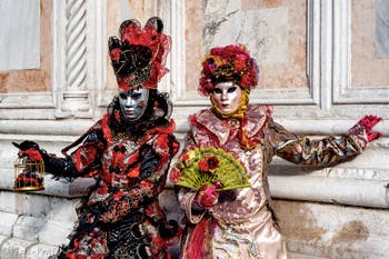 The parade of people in costume at the 2026 Venice Carnival in front of the Church of San Zaccaria.