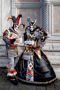The parade of people in costume at the 2026 Venice Carnival in front of the Church of San Zaccaria.