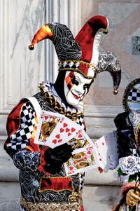 The parade of people in costume at the 2026 Venice Carnival in front of the Church of San Zaccaria.