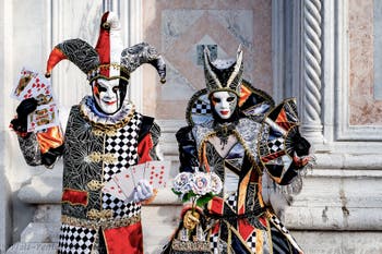 The parade of people in costume at the 2026 Venice Carnival in front of the Church of San Zaccaria.