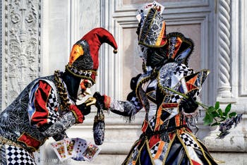 The parade of people in costume at the 2026 Venice Carnival in front of the Church of San Zaccaria.
