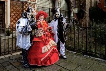The parade of people in costume at the 2026 Venice Carnival in front of the Church of San Zaccaria.