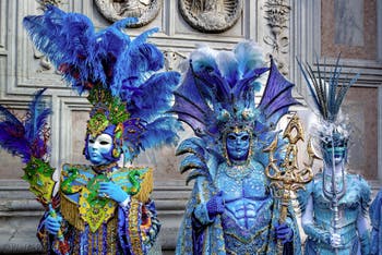 The parade of people in costume at the 2026 Venice Carnival in front of the Church of San Zaccaria.