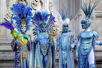 The parade of people in costume at the 2026 Venice Carnival in front of the Church of San Zaccaria.
