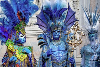 The parade of people in costume at the 2026 Venice Carnival in front of the Church of San Zaccaria.