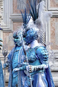 The parade of people in costume at the 2026 Venice Carnival in front of the Church of San Zaccaria.