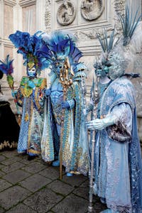 The parade of people in costume at the 2026 Venice Carnival in front of the Church of San Zaccaria.