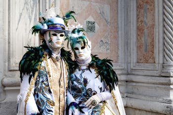 The parade of people in costume at the 2026 Venice Carnival in front of the Church of San Zaccaria.