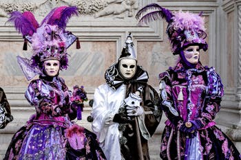 The parade of people in costume at the 2026 Venice Carnival in front of the Church of San Zaccaria.