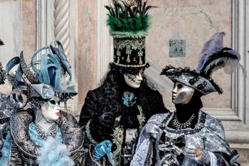 The parade of people in costume at the 2026 Venice Carnival in front of the Church of San Zaccaria.