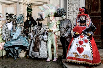 The parade of people in costume at the 2026 Venice Carnival in front of the Church of San Zaccaria.