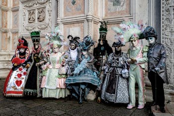 The parade of people in costume at the 2026 Venice Carnival in front of the Church of San Zaccaria.