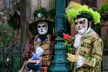 The parade of people in costume at the 2026 Venice Carnival in front of the Church of San Zaccaria.