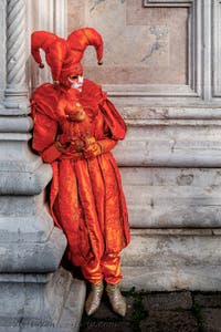 The parade of people in costume at the 2026 Venice Carnival in front of the Church of San Zaccaria.