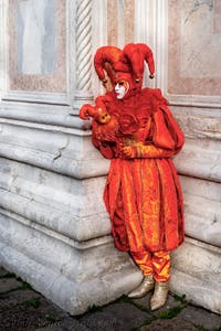 The parade of people in costume at the 2026 Venice Carnival in front of the Church of San Zaccaria.