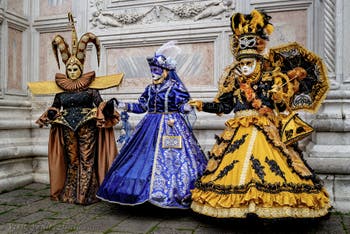 The parade of people in costume at the 2026 Venice Carnival in front of the Church of San Zaccaria.