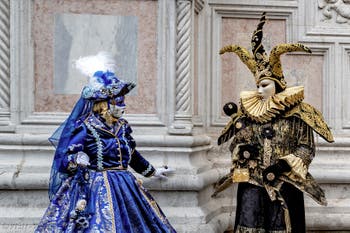 The parade of people in costume at the 2026 Venice Carnival in front of the Church of San Zaccaria.