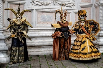 The parade of people in costume at the 2026 Venice Carnival in front of the Church of San Zaccaria.
