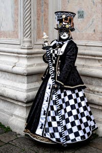 The parade of people in costume at the 2026 Venice Carnival in front of the Church of San Zaccaria.