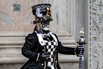 The parade of people in costume at the 2026 Venice Carnival in front of the Church of San Zaccaria.