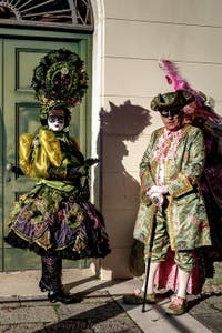 The parade of people in costume at the 2026 Venice Carnival in Campo San Lorenzo.