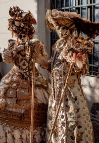 The parade of people in costume at the 2026 Venice Carnival in Campo San Lorenzo.
