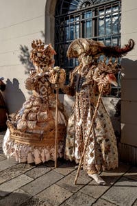 The parade of people in costume at the 2026 Venice Carnival in Campo San Lorenzo.