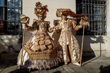 The parade of people in costume at the 2026 Venice Carnival in Campo San Lorenzo.