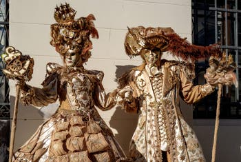 The parade of people in costume at the 2026 Venice Carnival in Campo San Lorenzo.