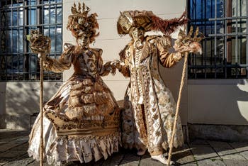 The parade of people in costume at the 2026 Venice Carnival in Campo San Lorenzo.
