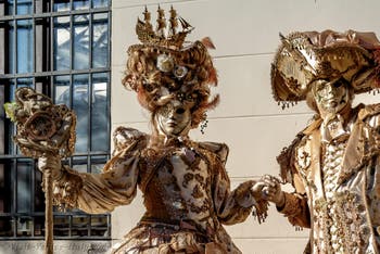 The parade of people in costume at the 2026 Venice Carnival in Campo San Lorenzo.