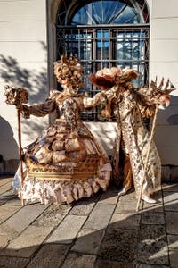 The parade of people in costume at the 2026 Venice Carnival in Campo San Lorenzo.