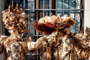 The parade of people in costume at the 2026 Venice Carnival in Campo San Lorenzo.