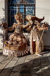 The parade of people in costume at the 2026 Venice Carnival in Campo San Lorenzo.
