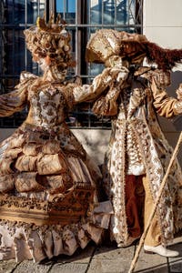 The parade of people in costume at the 2026 Venice Carnival in Campo San Lorenzo.