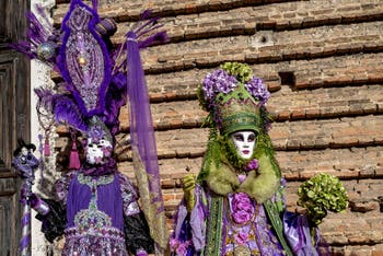 The parade of people in costume at the 2026 Venice Carnival in Campo San Lorenzo.