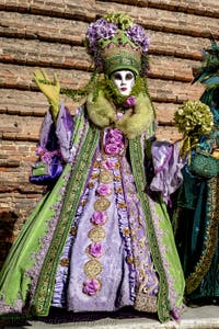 The parade of people in costume at the 2026 Venice Carnival in Campo San Lorenzo.