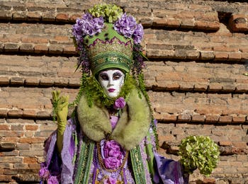 The parade of people in costume at the 2026 Venice Carnival in Campo San Lorenzo.