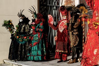 The parade of people in costume at the 2026 Venice Carnival in Campo San Lorenzo.