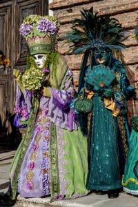 The parade of people in costume at the 2026 Venice Carnival in Campo San Lorenzo.