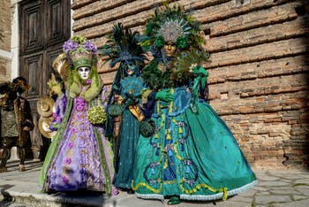 The parade of people in costume at the 2026 Venice Carnival in Campo San Lorenzo.