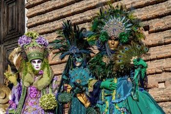 The parade of people in costume at the 2026 Venice Carnival in Campo San Lorenzo.