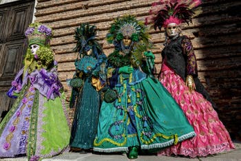 The parade of people in costume at the 2026 Venice Carnival in Campo San Lorenzo.