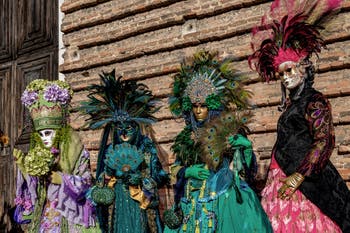The parade of people in costume at the 2026 Venice Carnival in Campo San Lorenzo.
