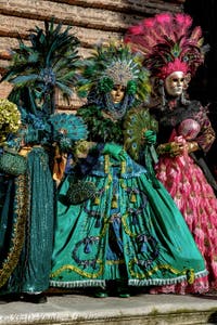 The parade of people in costume at the 2026 Venice Carnival in Campo San Lorenzo.
