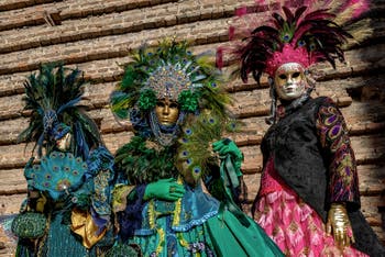The parade of people in costume at the 2026 Venice Carnival in Campo San Lorenzo.