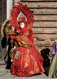 The parade of people in costume at the 2026 Venice Carnival in Campo San Lorenzo.